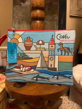 Corfu Illustrated Canvas Zip Pouch - Blue & Red Accents